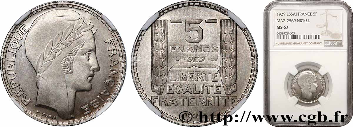 Concours de 5 francs, essai de Turin en nickel, poids 6 g 1929 Paris GEM.140 2 FDC67 NGC