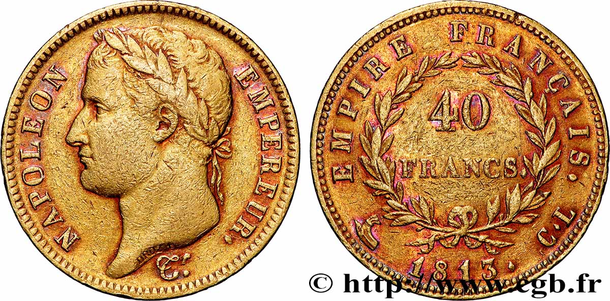 40 francs or Napoléon tête laurée, Empire français 1813 Gênes F.541/12 TB+ 