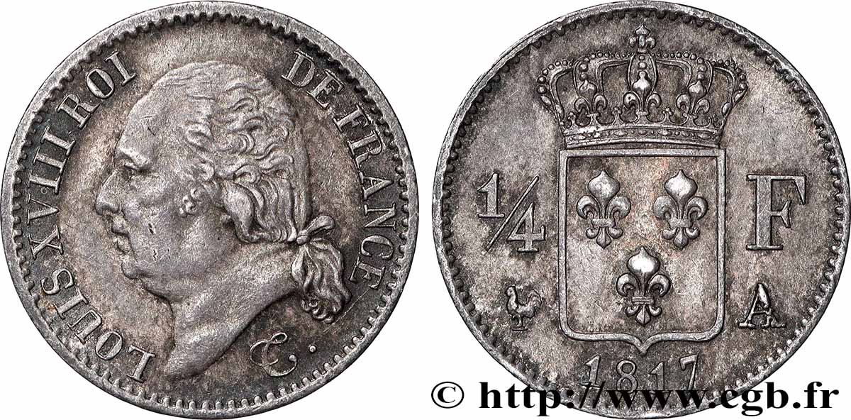 1/4 franc Louis XVIII  1817 Paris F.163/1 TTB+ 