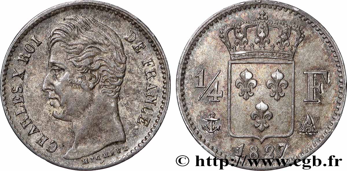 1/4 franc Charles X 1827 Paris F.164/10 TTB+ 
