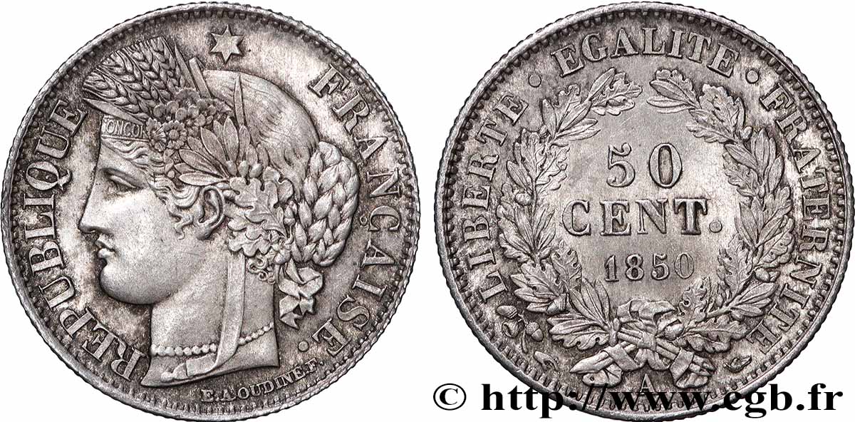 50 centimes Cérès, IIe République 1850 Paris F.184/2 EBC+ 