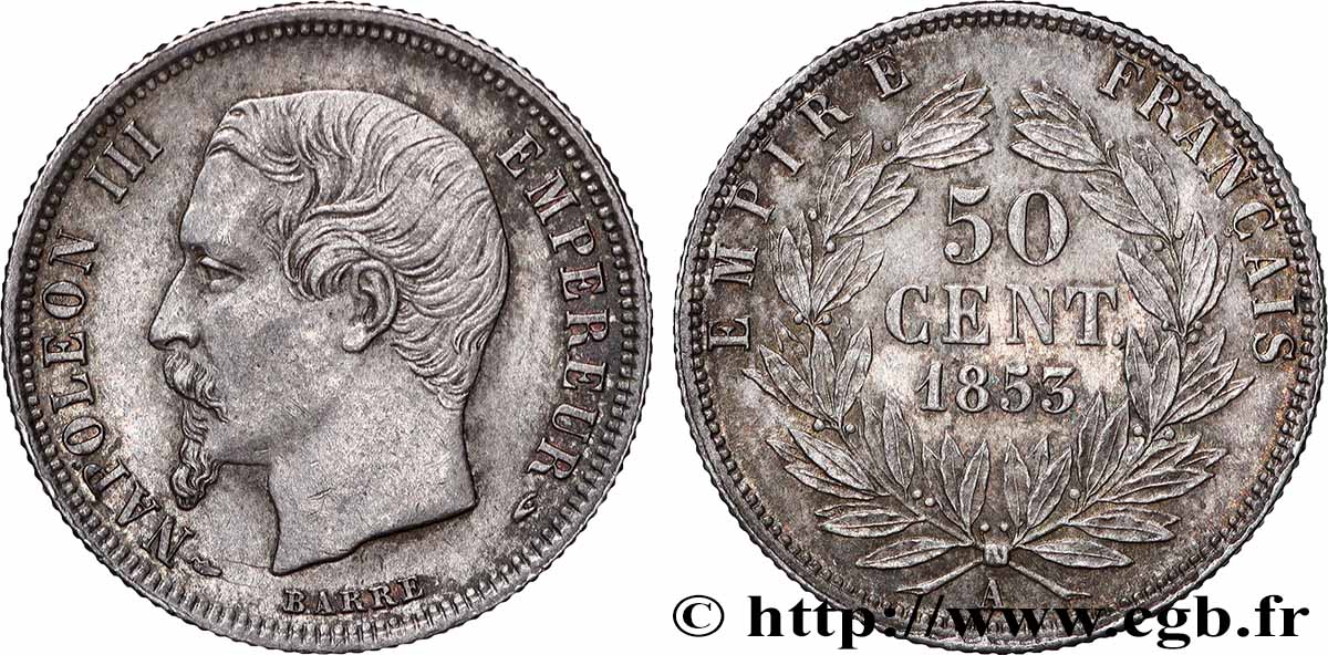 50 centimes Napoléon III, tête nue 1853 Paris F.187/1 fVZ 