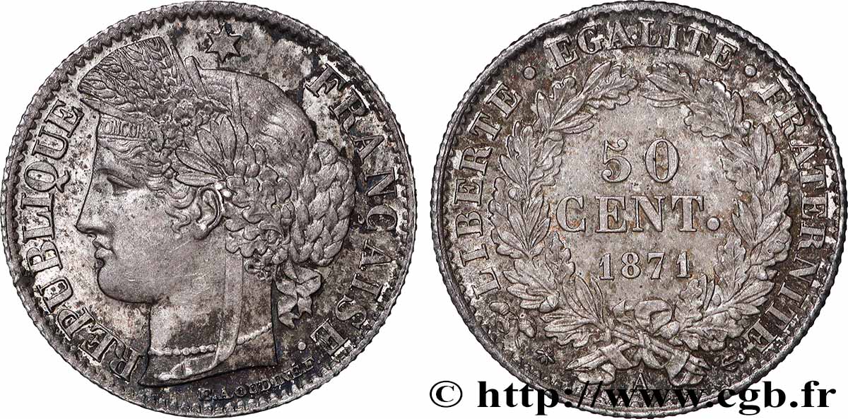 50 centimes Cérès, Troisième République 1871 Paris F.189/1 SUP+ 