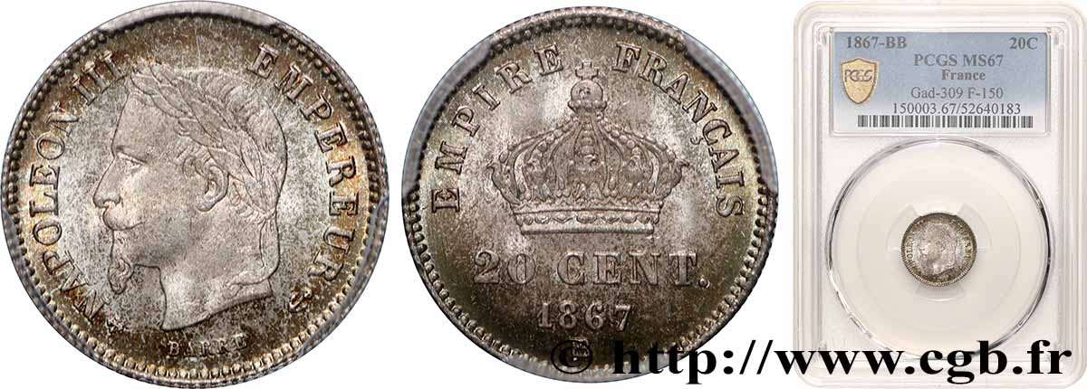 20 centimes Napoléon III, tête laurée, grand module 1867 Strasbourg F.150/2 FDC67 PCGS