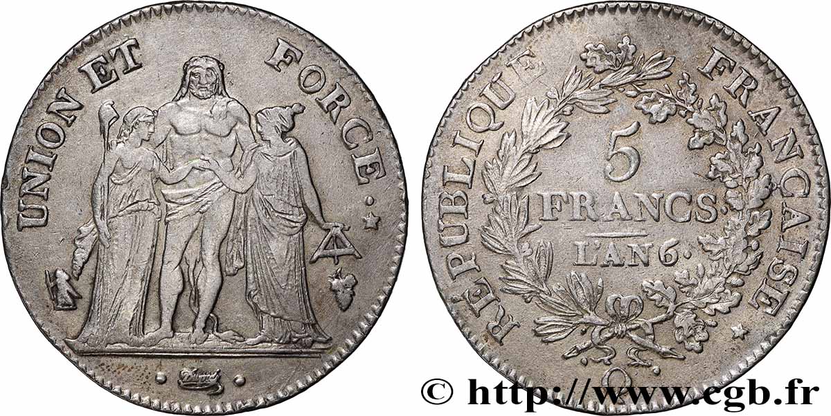 5 francs Union et Force, Union serré, sans glands intérieurs et avec gland extérieur 1798 Perpignan F.288/83 SS 