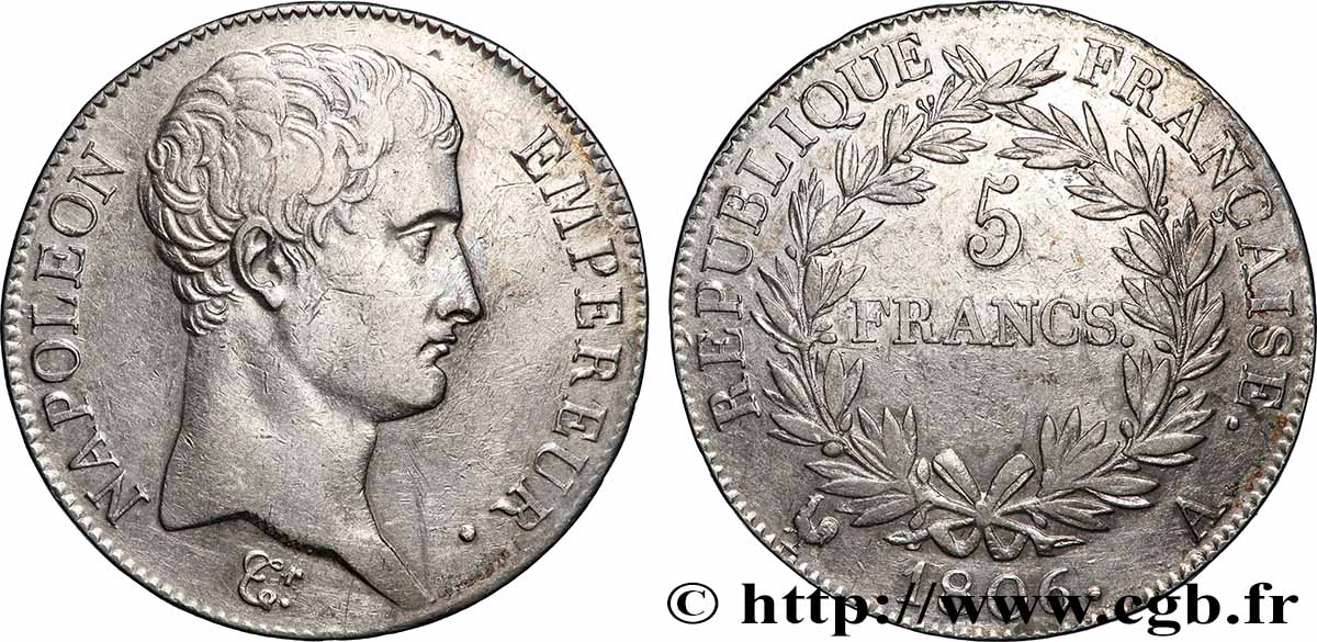 5 francs Napoléon Empereur, Calendrier grégorien 1806 Paris F.304/1 SS 