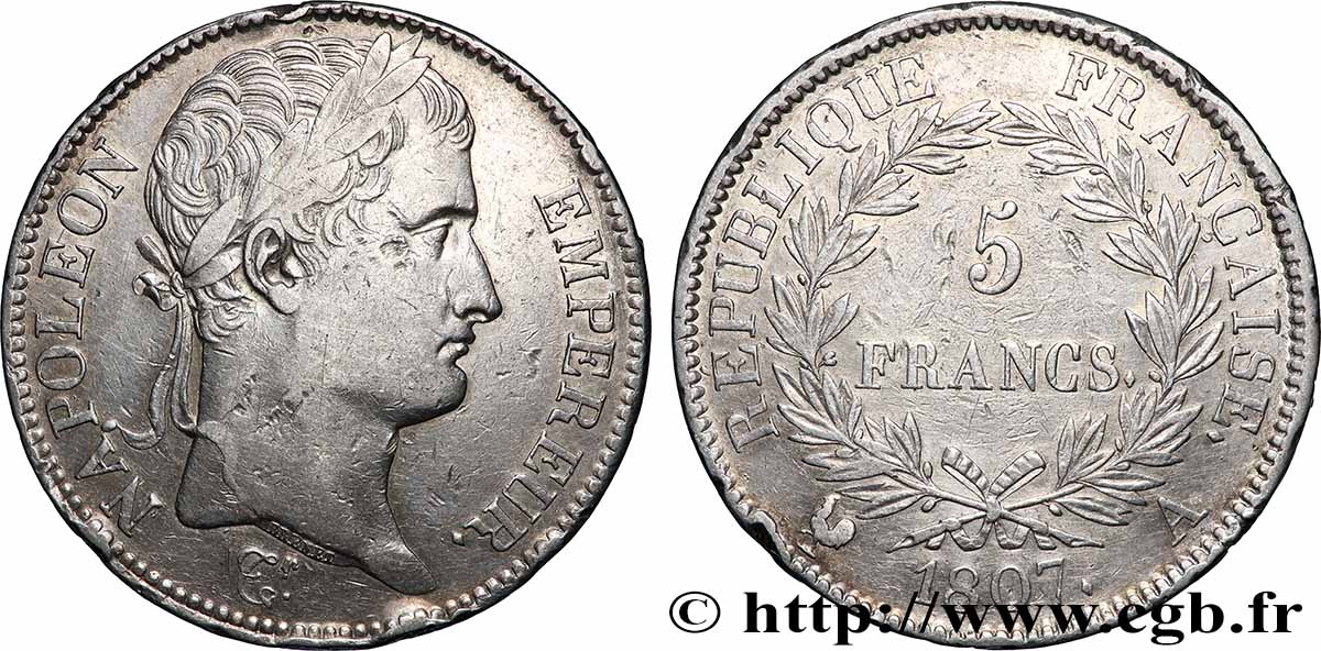 5 francs Napoléon Empereur, République française 1807 Paris F.306/1 TTB 