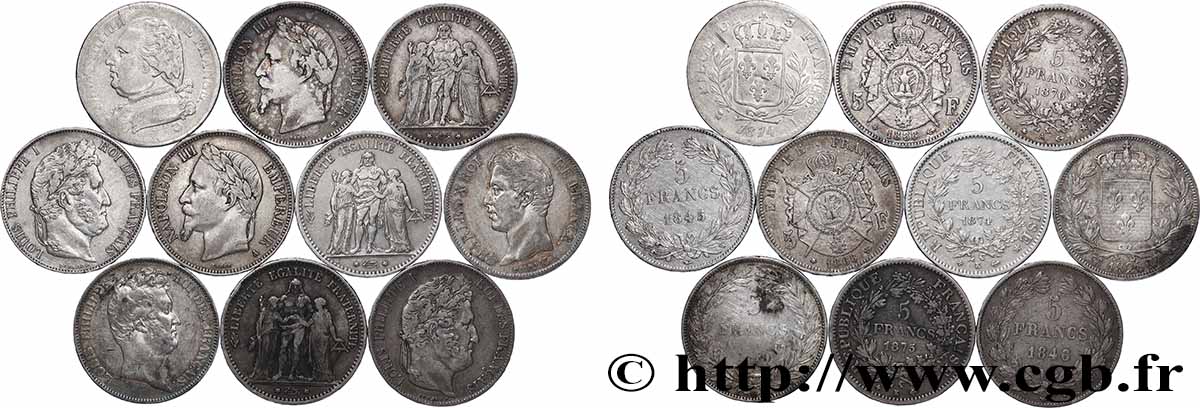 Lot de dix écus de 5 francs n.d.  F.-/ TB 