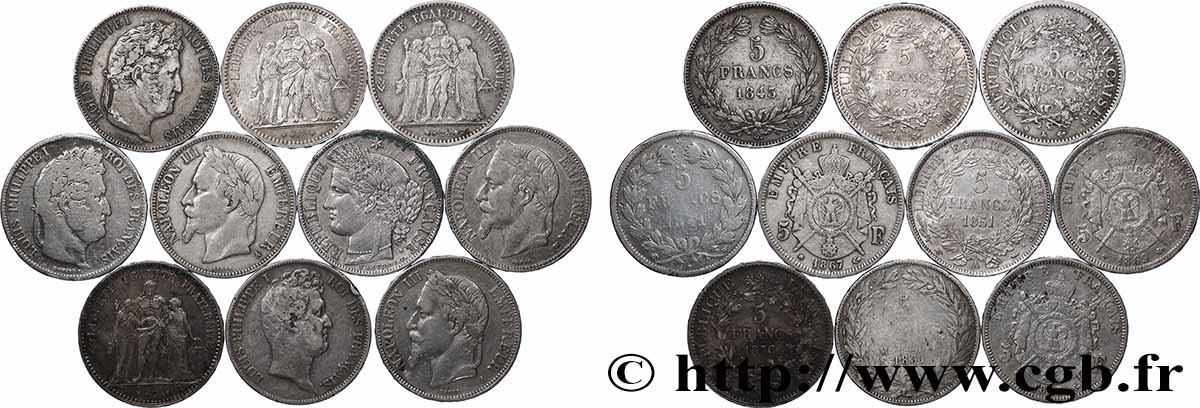 Lot de dix écus de 5 francs n.d.  F.-/ TB 