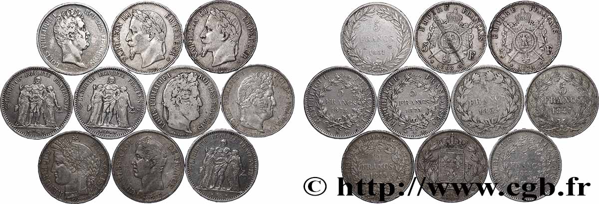 Lot de dix écus de 5 francs n.d.  F.-/ TB 