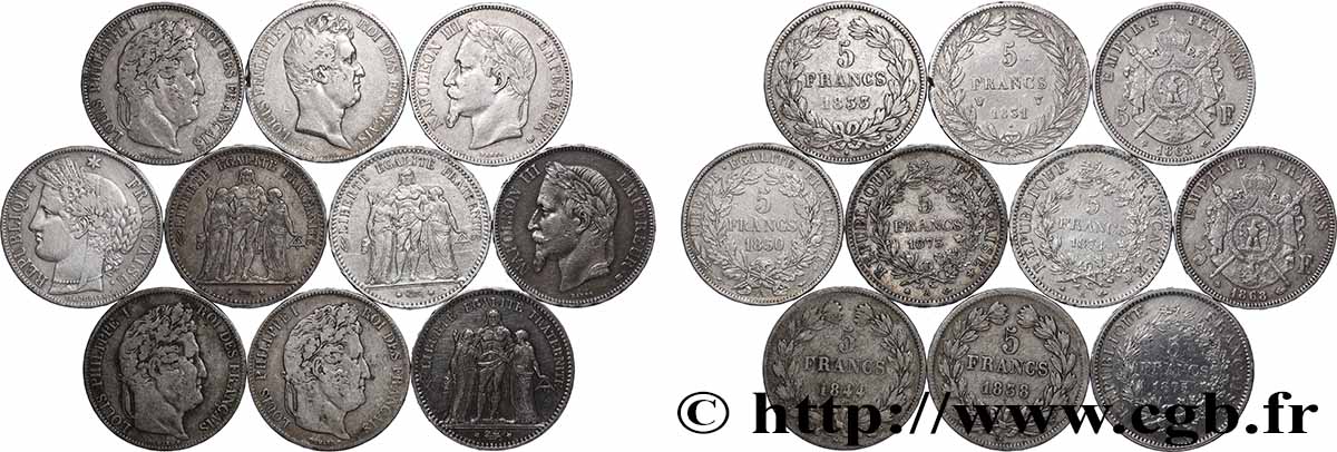 Lot de dix écus de 5 francs n.d.  F.-/ TB 