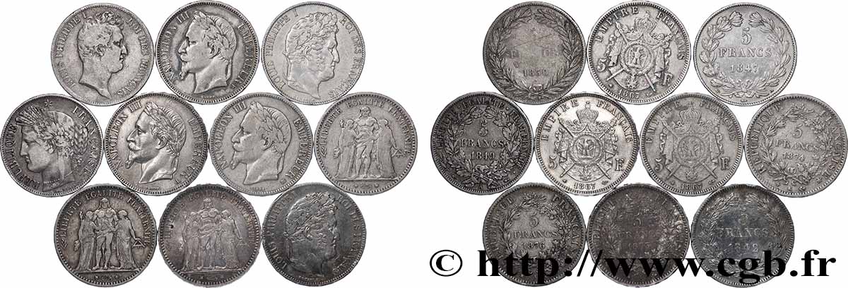 Lot de dix écus de 5 francs n.d.  F.-/ VF 