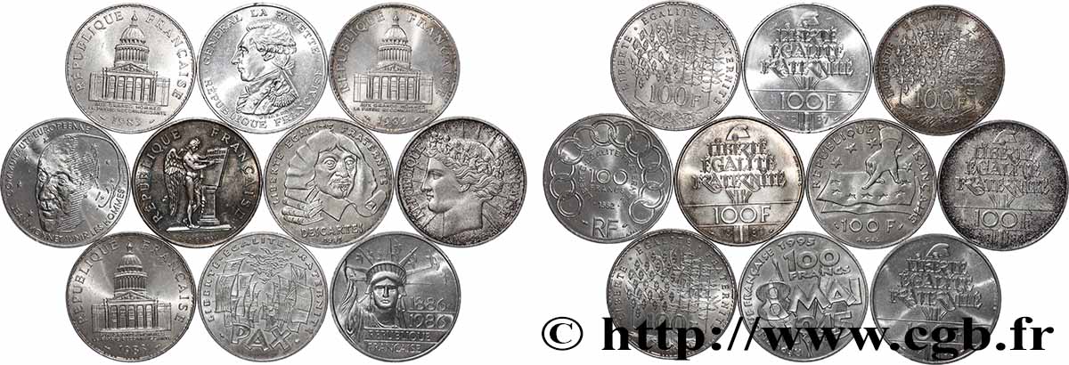 Lot de 10 pièces de 100 francs commémoratives - - F.-/ TTB 