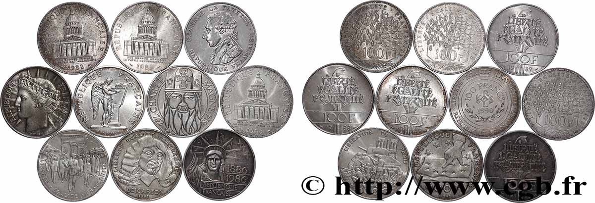 Lot de 10 pièces de 100 francs commémoratives - - F.-/ XF 