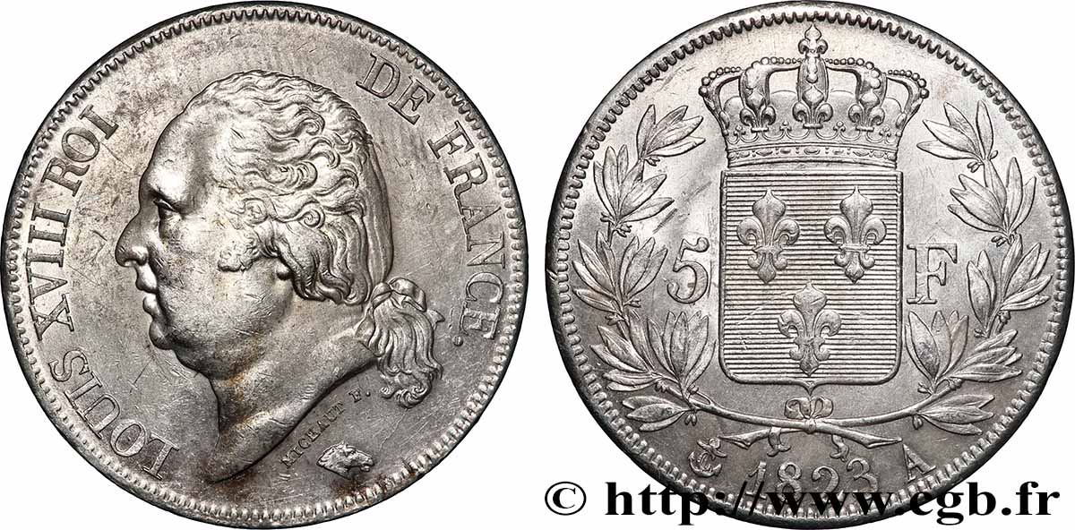 5 francs Louis XVIII, tête nue 1823 Paris F.309/76 VZ 