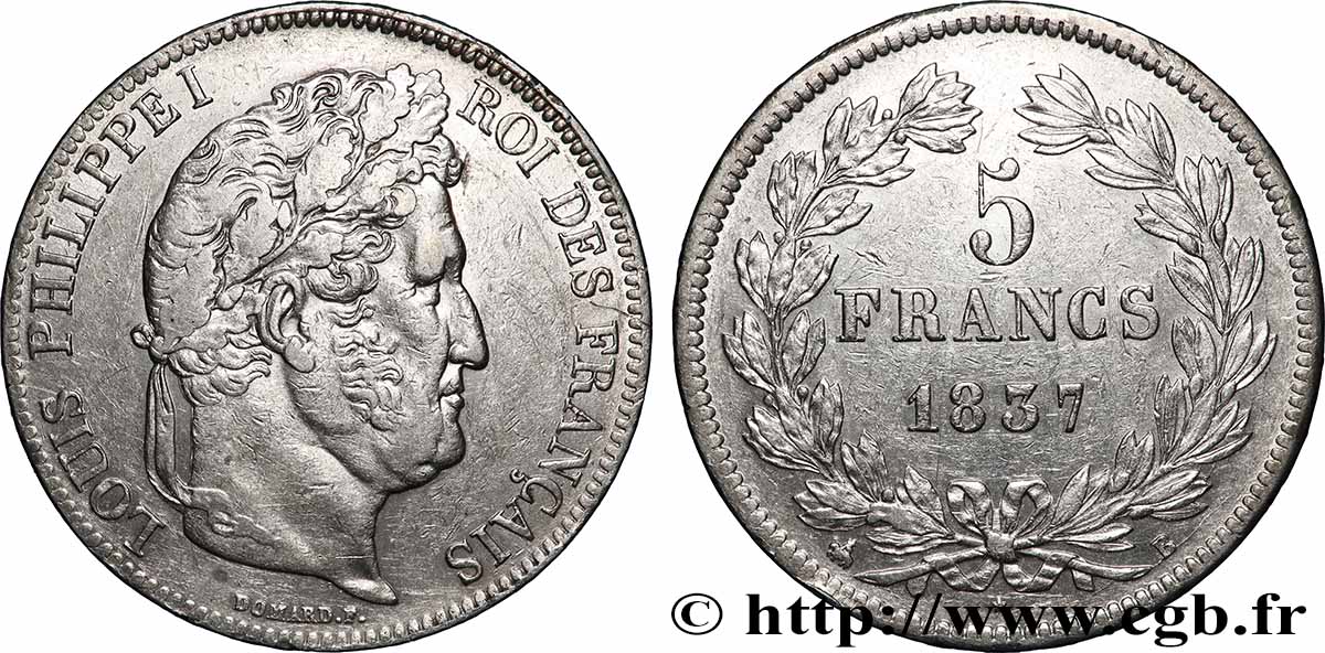 5 francs IIe type Domard 1837 Rouen F.324/62 TTB 