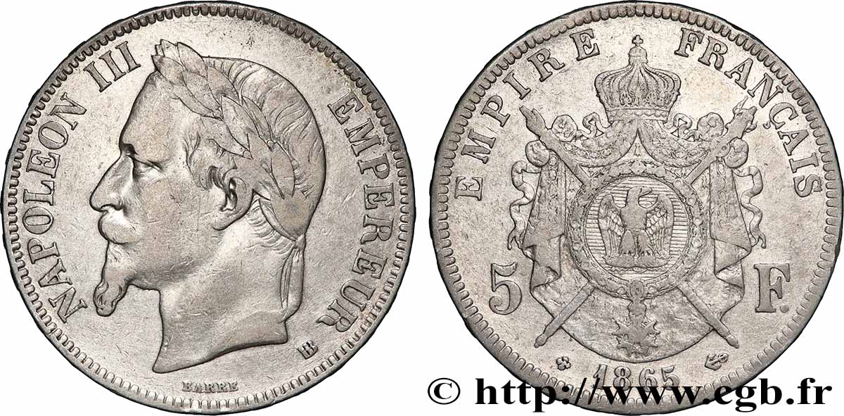 5 francs Napoléon III, tête laurée 1865 Strasbourg F.331/8 TB 