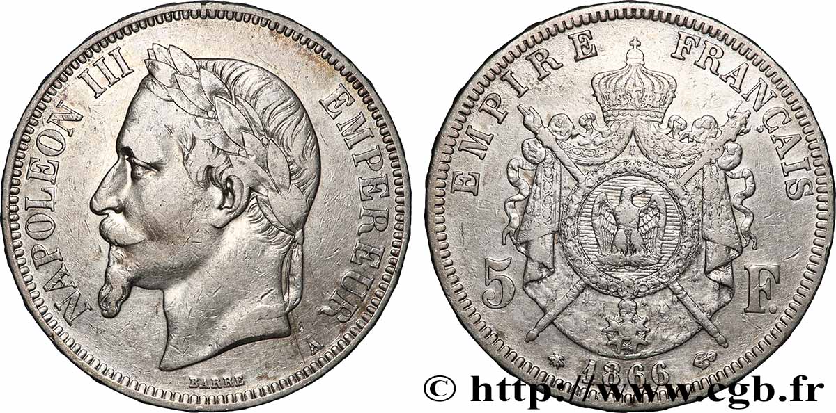 5 francs Napoléon III, tête laurée 1866 Paris F.331/9 TB+ 