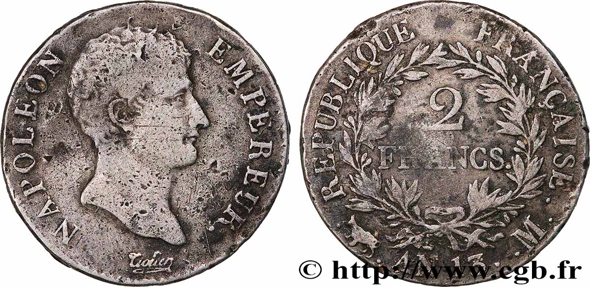 2 francs Napoléon Empereur, Calendrier révolutionnaire 1805 Toulouse F.251/21 TB 