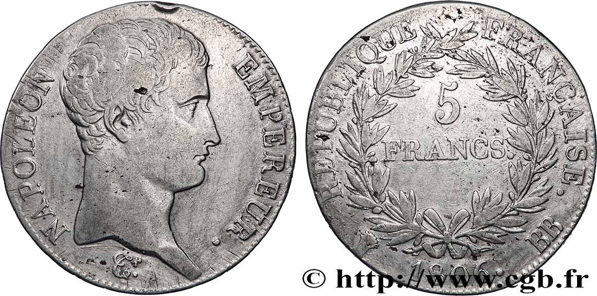 5 francs Napoléon Empereur, Calendrier grégorien 1806 Strasbourg F.304/3 VF 