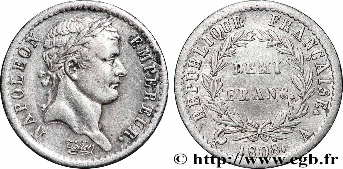 Demi-franc Napoléon Ier tête laurée, République française 1808 Paris F.177/2 TTB 