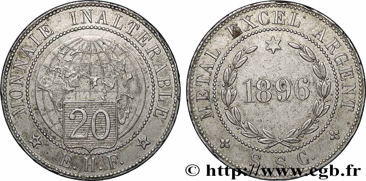 Essai au module de 20 francs, tranche lisse 1896  GEM.258 1 TTB+ 