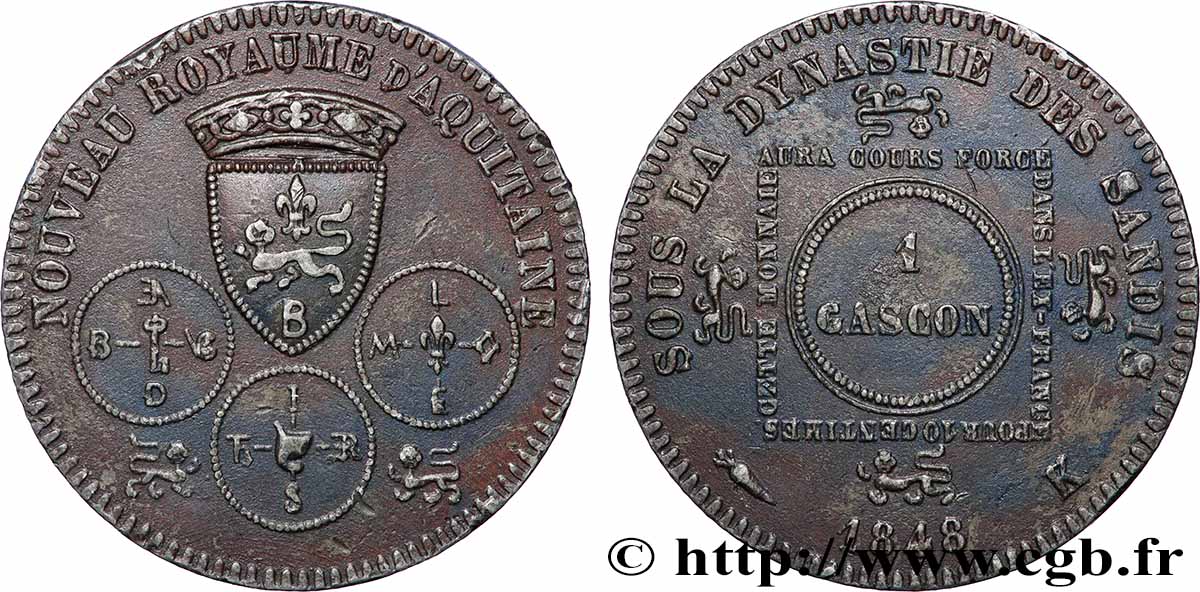 Reproduction en étain bronzé de l’épreuve de 1 Gascon / 10 Centimes du Nouveau Royaume d’Aquitaine 1848 Bordeaux VG.3129 b var. AU 