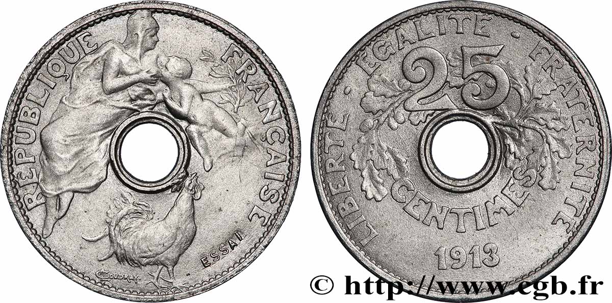 Essai de 25 centimes par Coudray, petit module 1913 Paris GEM.68 2 SUP62 