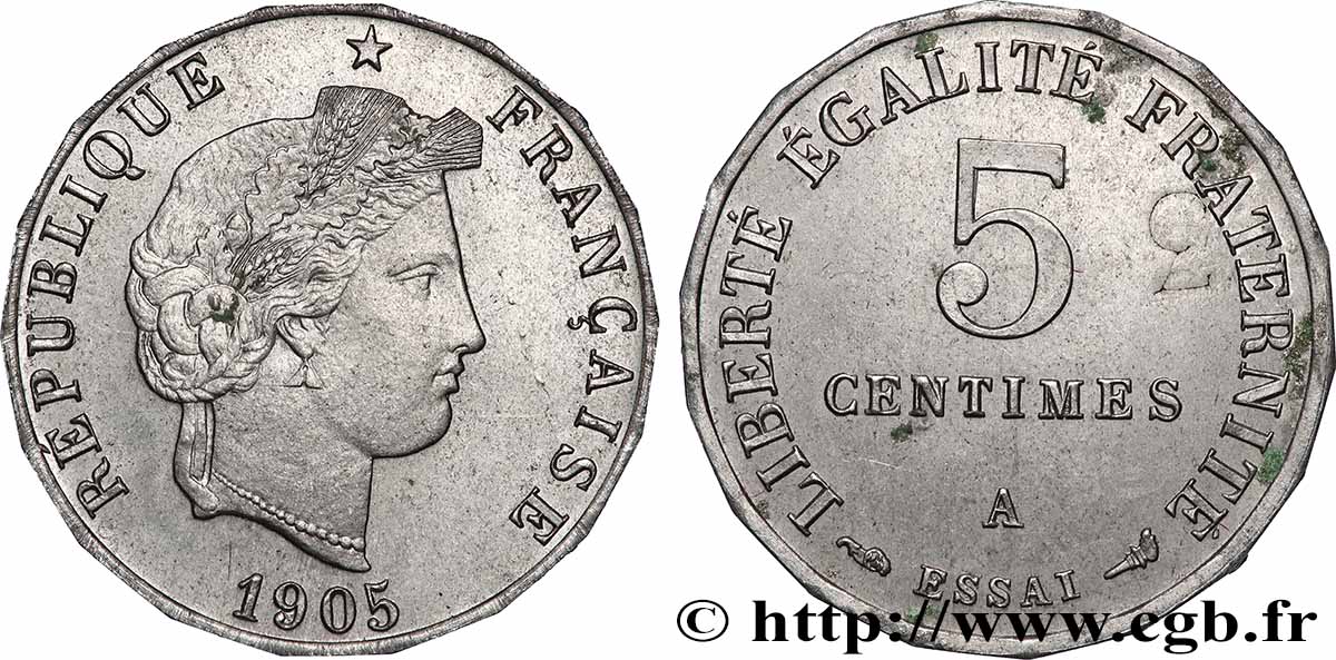Essai de 5 centimes nickel, 18 pans, contremarqué 1905 Paris GEM.13 12 MS 