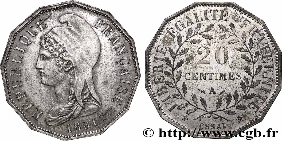 Essai de 20 centimes d’après Dupré, sur flan dodécagonal 1881 Paris GEM.49 1 SUP 
