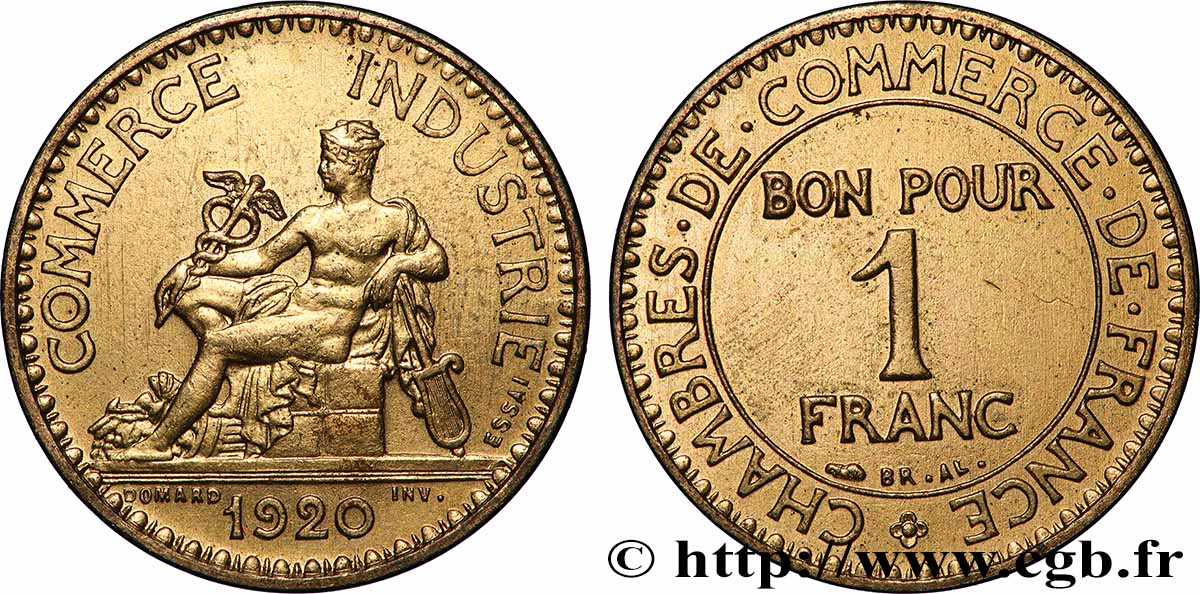 Essai-piéfort de 1 franc Chambres de Commerce bronze-aluminium 1920 Paris F.218/1P MS 