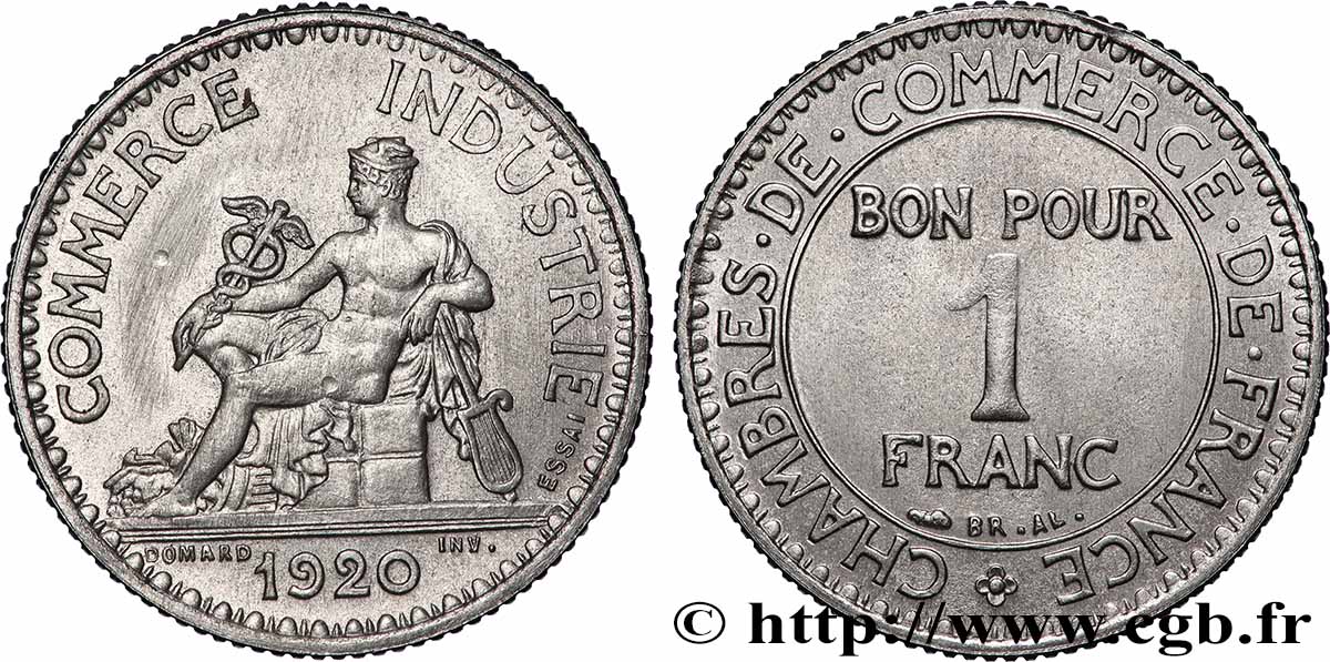 Essai de 1 franc Chambres de Commerce en nickel 1920 Paris GEM.95 7 AU 