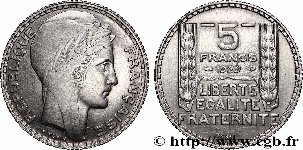 Concours de 5 francs, essai de Turin en nickel, poids 6 g 1929 Paris GEM.140 2 SUP 