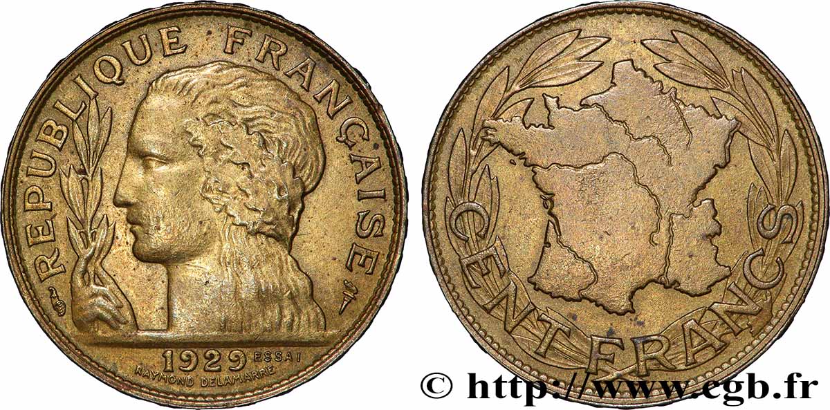 Concours de 100 francs or, essai de Delamarre en bronze-aluminium 1929 Paris GEM.279 4 SUP+ 