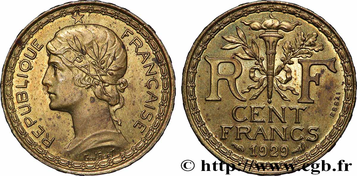 Concours de 100 francs or, essai de Guilbert en bronze-aluminium 1929 Paris GEM.286 4 SUP+ 