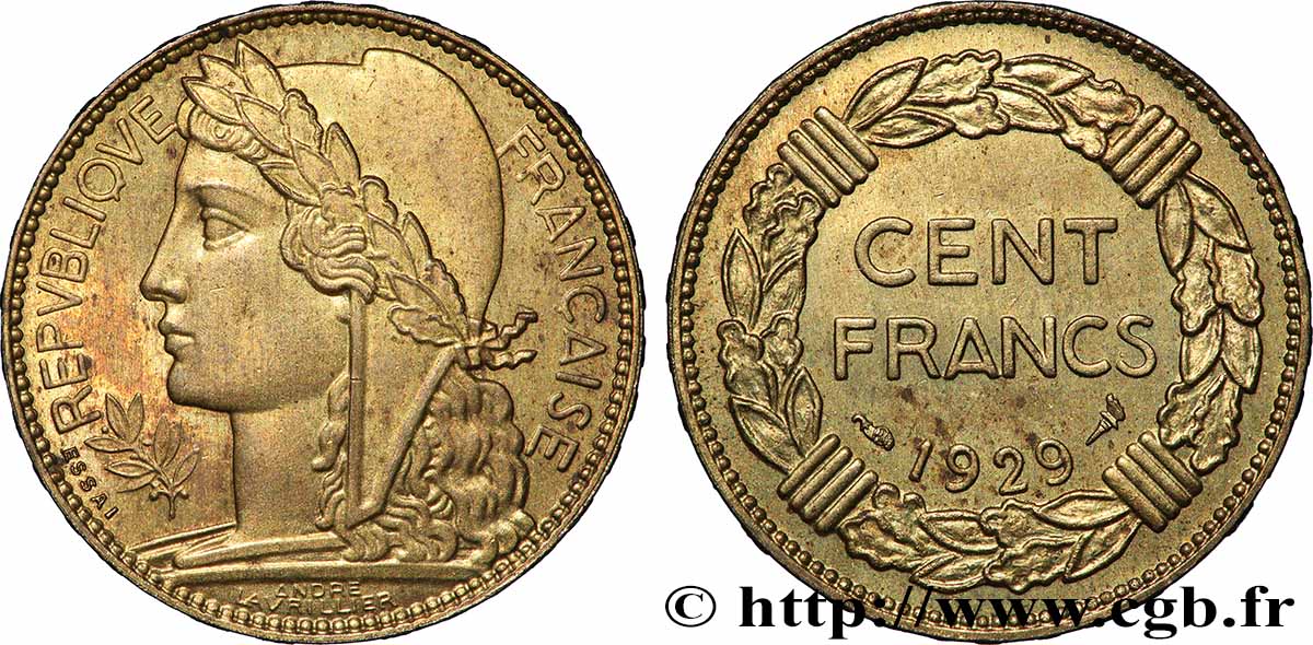 Concours de 100 francs or, essai de Lavrillier en bronze-aluminium 1929 Paris GEM.287 4 SUP+ 