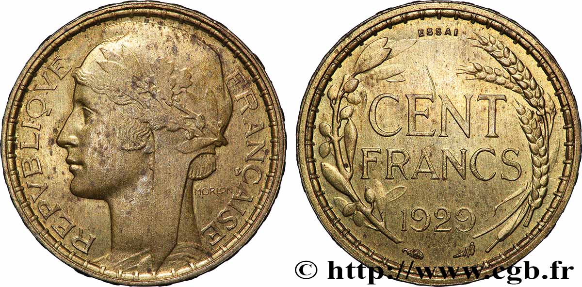 Concours de 100 francs or, essai de Morlon en bronze-aluminium 1929 Paris GEM.282 4 SUP 