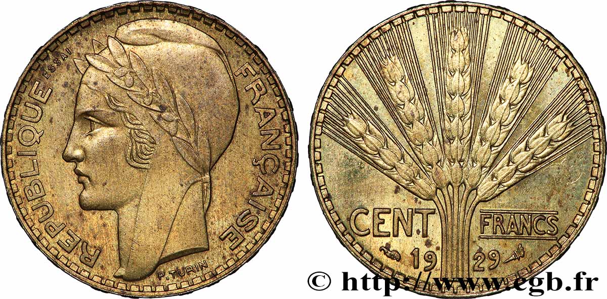 Concours de 100 francs or, essai de Turin en bronze-aluminium 1929 Paris GEM.283 4 SUP+ 