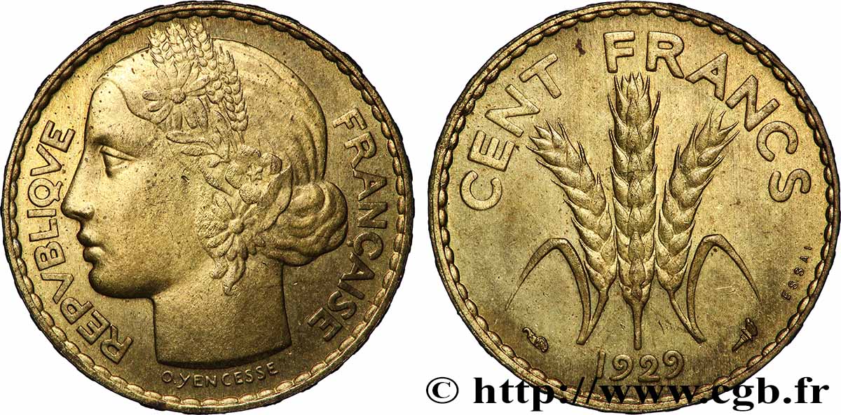 Concours de 100 francs or, essai de Yencesse en bronze-aluminium 1929 Paris GEM.285 4 MS 
