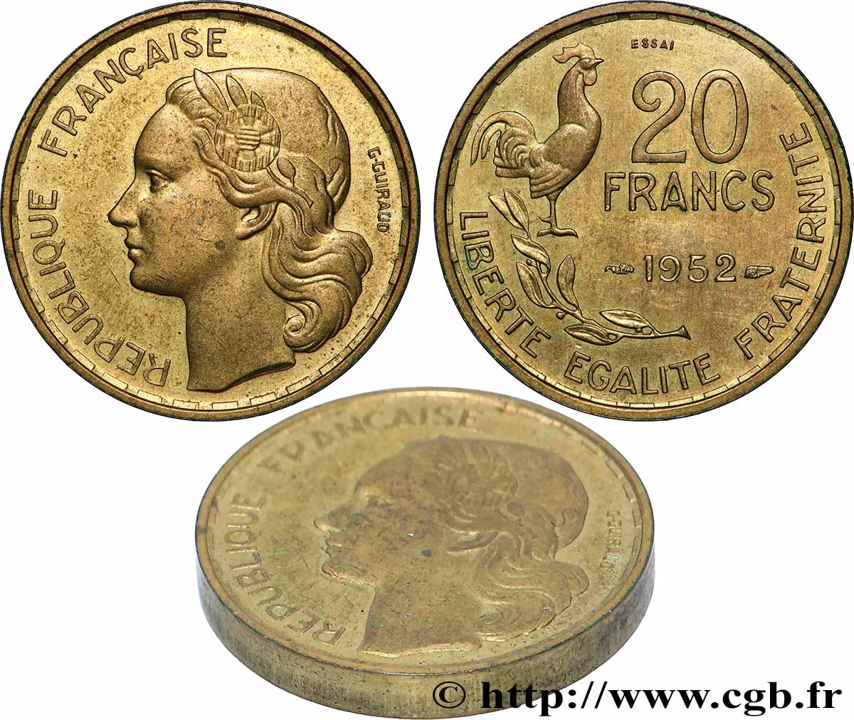 Essai-piéfort au double de 20 francs G. Guiraud, 4 faucilles 1952 Paris GEM.211 EP1 SUP+ 