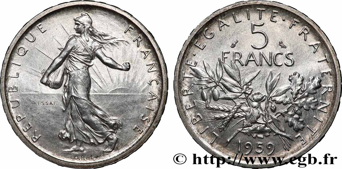 Essai de 5 francs Semeuse, argent, petit 5 1959 Paris F.340/2 MS 