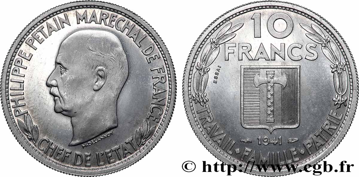 Essai de 10 francs Pétain en aluminium par Delannoy, poids très léger (2 g) 1941 Paris GEM.175 1 var. MS 