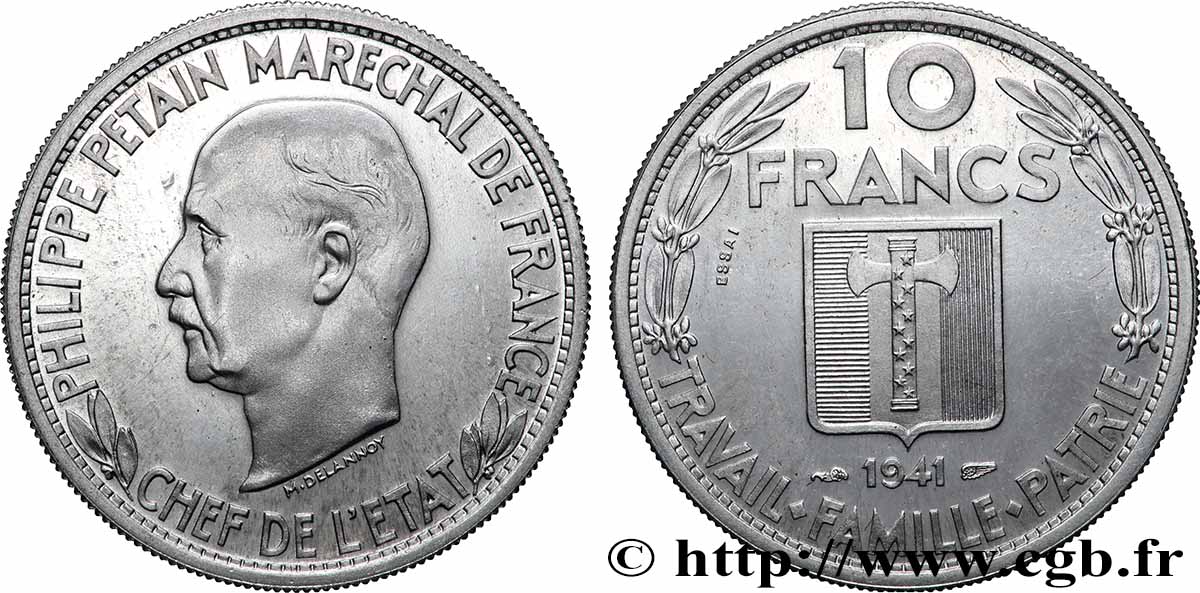 Essai de 10 francs Pétain en aluminium par Delannoy 1941 Paris GEM.175 3 SPL 