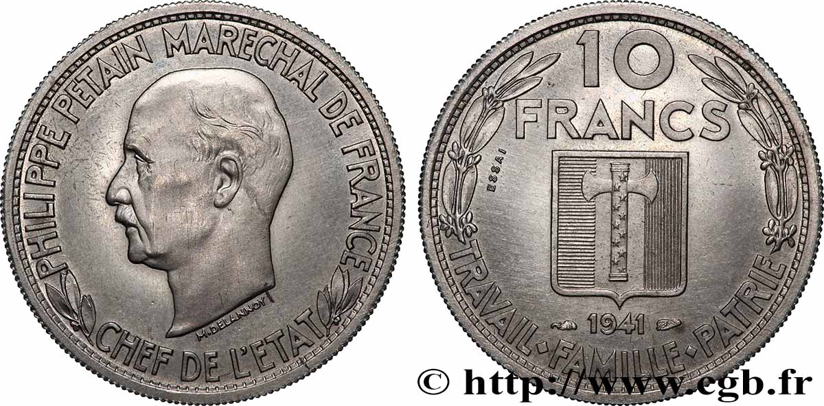 Essai de 10 francs Pétain en Bronze-Nickel par Delannoy 1941 Paris GEM.175 2 MS 
