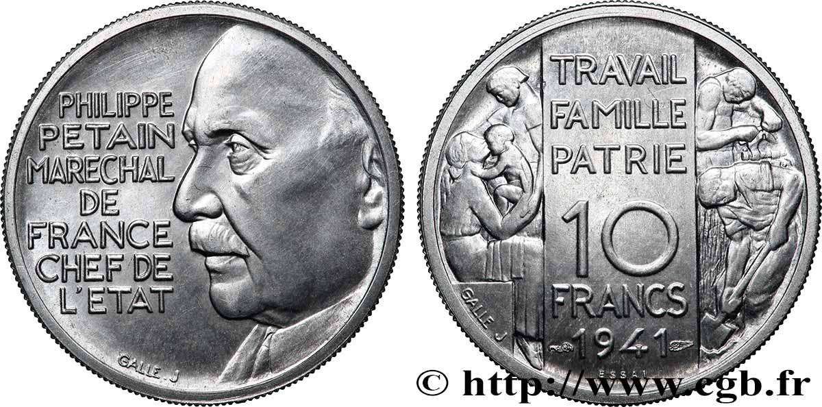 Essai poids lourd de 10 Francs Pétain en aluminium de Galle 1941  GEM.176 3 SPL 
