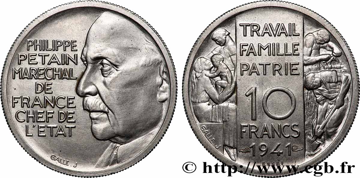 Essai de 10 francs Pétain en bronze-nickel par Galle 1941 Paris GEM.176 2 MS 