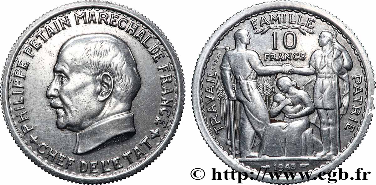 Essai de 10 francs Pétain en aluminium par Bazor/Vézien 1943 Paris GEM.179 1 TTB+ 