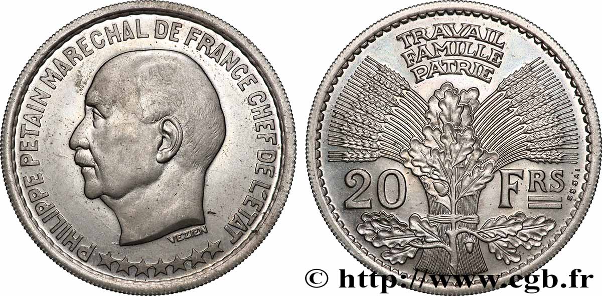 Essai hybride de 20 francs Pétain en cupro-nickel par Vézien / Cochet n.d. Paris GEM.205 5 SPL 