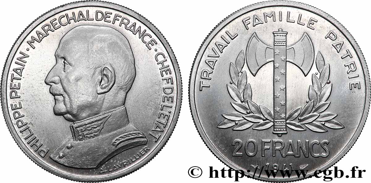 Essai-Piéfort de 20 francs Pétain en aluminium par Lavrillier 1941 Paris GEM.203 EP1 MS 