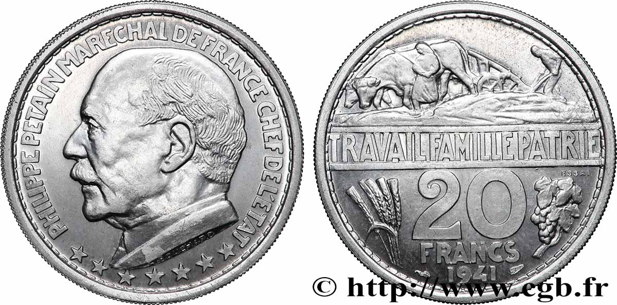 Essai-piéfort de 20 francs Pétain en aluminium par Bouchard 1941 Paris GEM.201 EP1 MS 